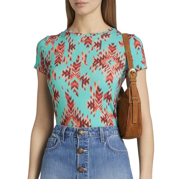 L'AGENCE Ressi Fitted Tee Women‎ S Pool Blue Multi Ganado Shirt Southwestern NEW - Picture 8 of 16
